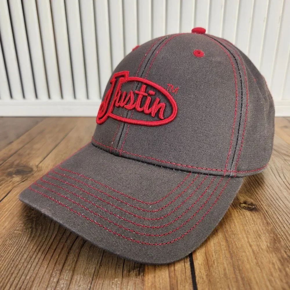 Justin Boots Western Snapback Hat Charcoal Gray Red Embroidered Logo Cowboy Cap
